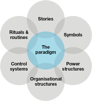 The cultural web has 6 areas that make up the cultural paradigm of an organisation: Stories, Symbols, Power Structures, Organisational structures, Control systems, Rituals and routines