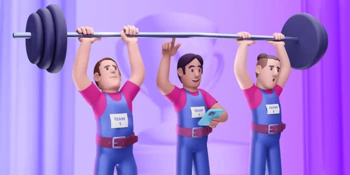 Three men lift a heavy weight bar, men 1 and 3 are putting their full effort in. Man 2, in the middle puts in minimal effort with 1 finger, whilst scrolling his phone.
Credit: Pumble.com